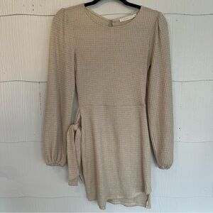 Lush Women’s Small Waffle Knit Metallic Champagne Scoop Neck Long Sleeve Dress